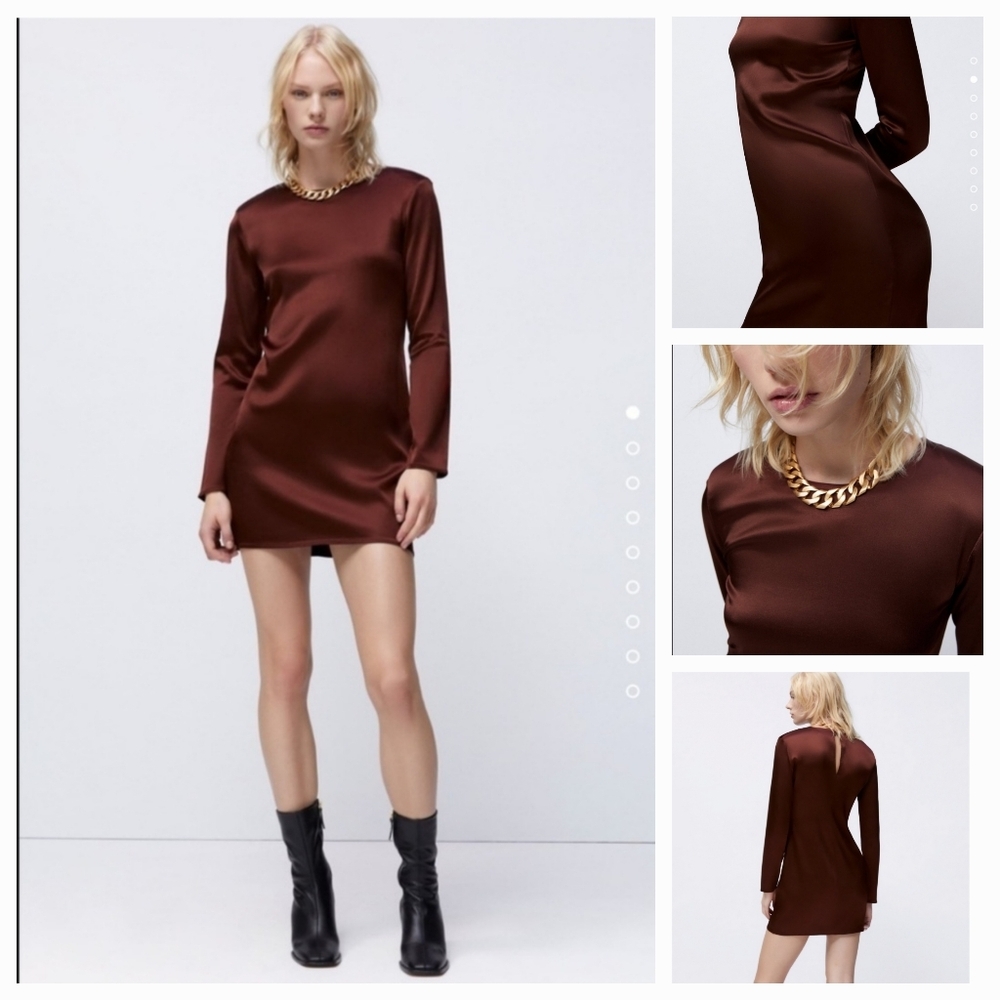 Zara Brown Long-Sleeve Satin Dress